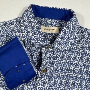 Borgo28 Mens Medium Blue Floral‎ Print Button Down Long Sleeve Shirt 100% Linen